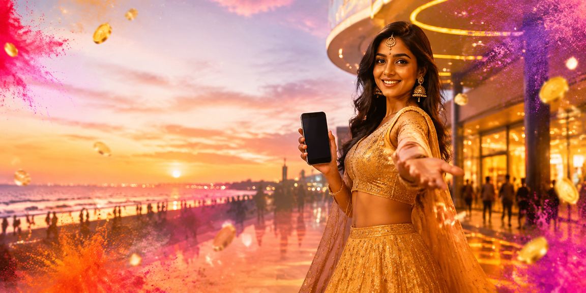 Evening view of Marina Beach with digital casino app concept