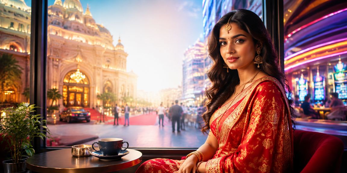 Indian woman using casino app on smartphone with festive background