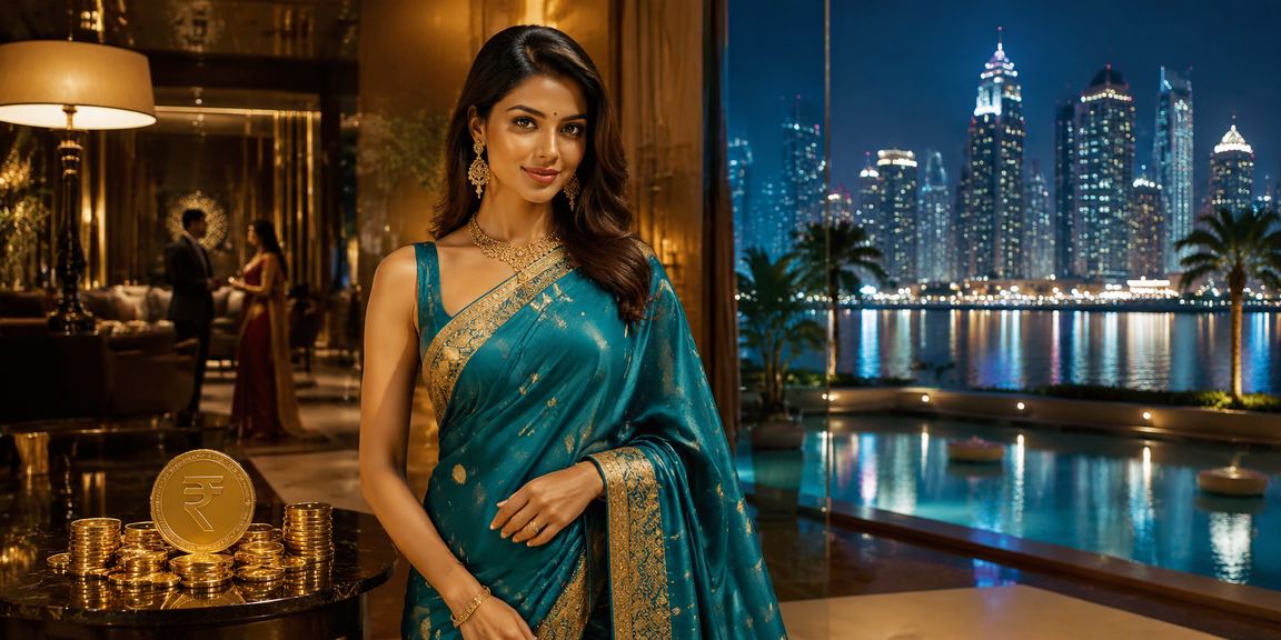 Indian woman in traditional saree calmly using mobile phone